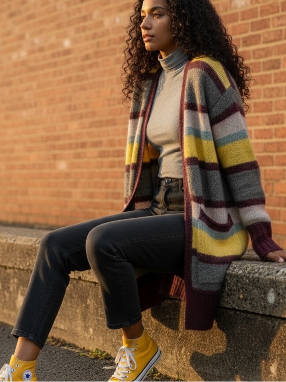 ZARA Striped Open-Front Cardigan in Maroon, Yellow, Gray & Cream VGUC. SIZE M